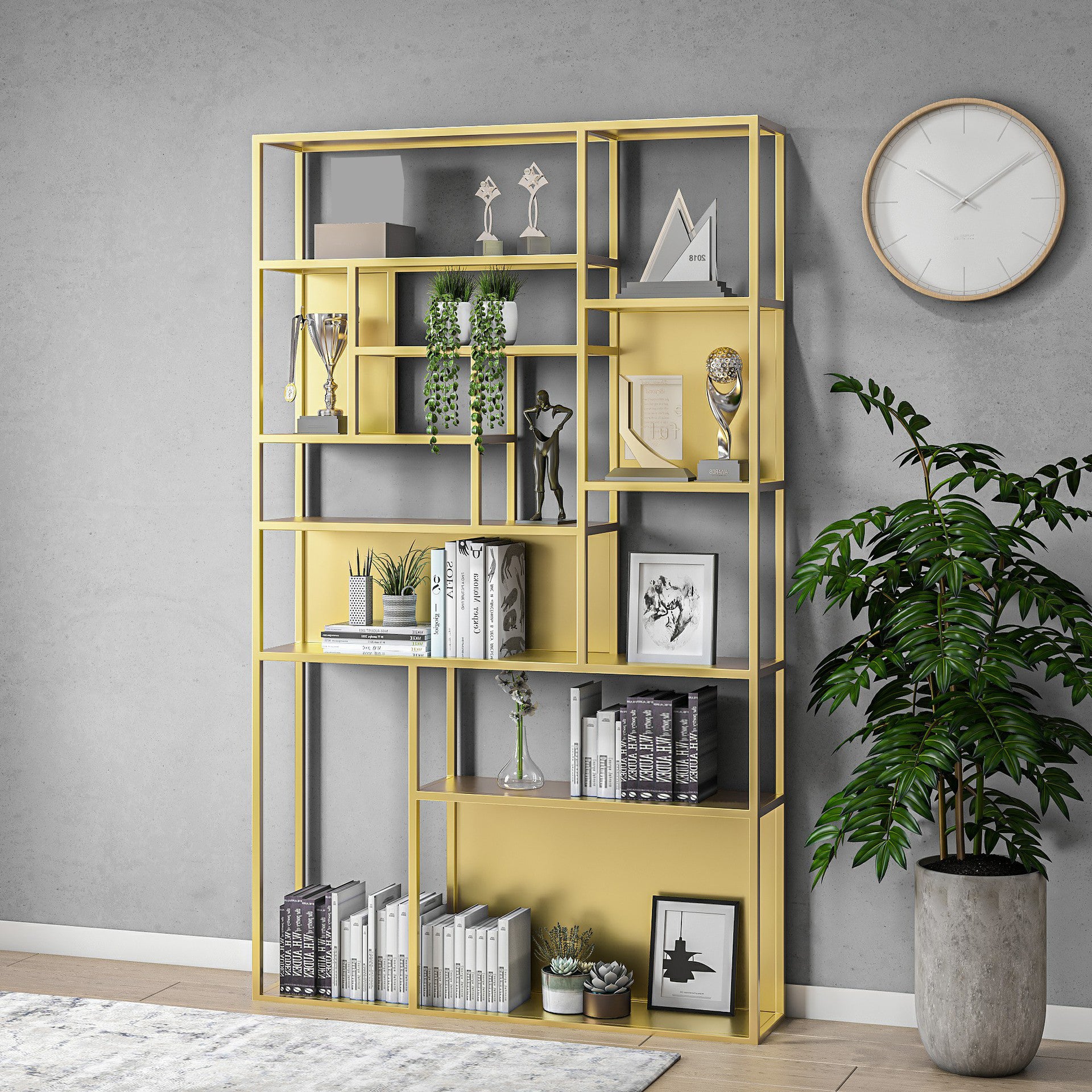 Gold and Black Floor Book Shelf Open Shelf Bookcase with Shelves