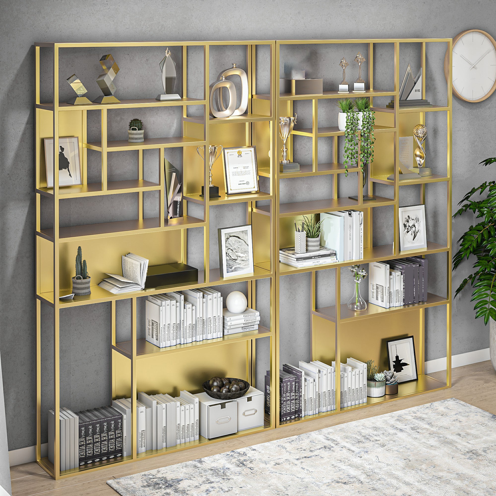 Gold and Black Floor Book Shelf Open Shelf Bookcase with Shelves