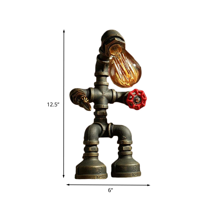Robot Bedside Night Lighting Vintage Metálico Metálico 1 bombilla Lámpara de escritorio de tubería de acabado de bronce con válvula roja deco