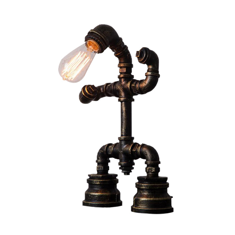 1 Light Robot Pipe Small Desk Light Rustic Black Iron Night Table Lamp with Plug-In Cord