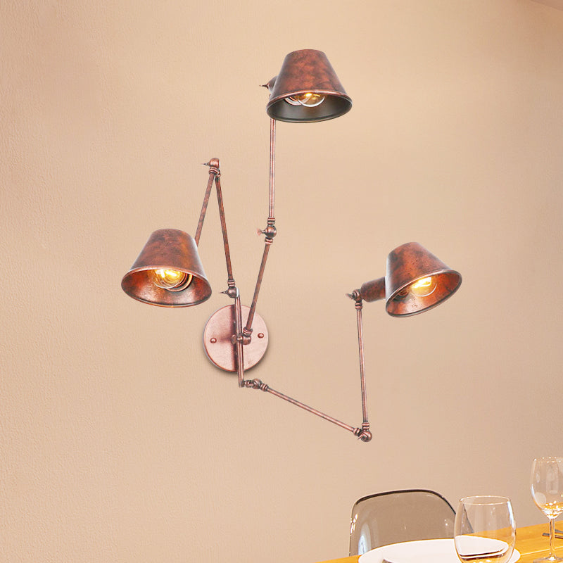 2/3 bollen Swing Arm Wall Light SCONCE industriële roestafwerking Metalen wand gemonteerd lamp met kegelschaduw