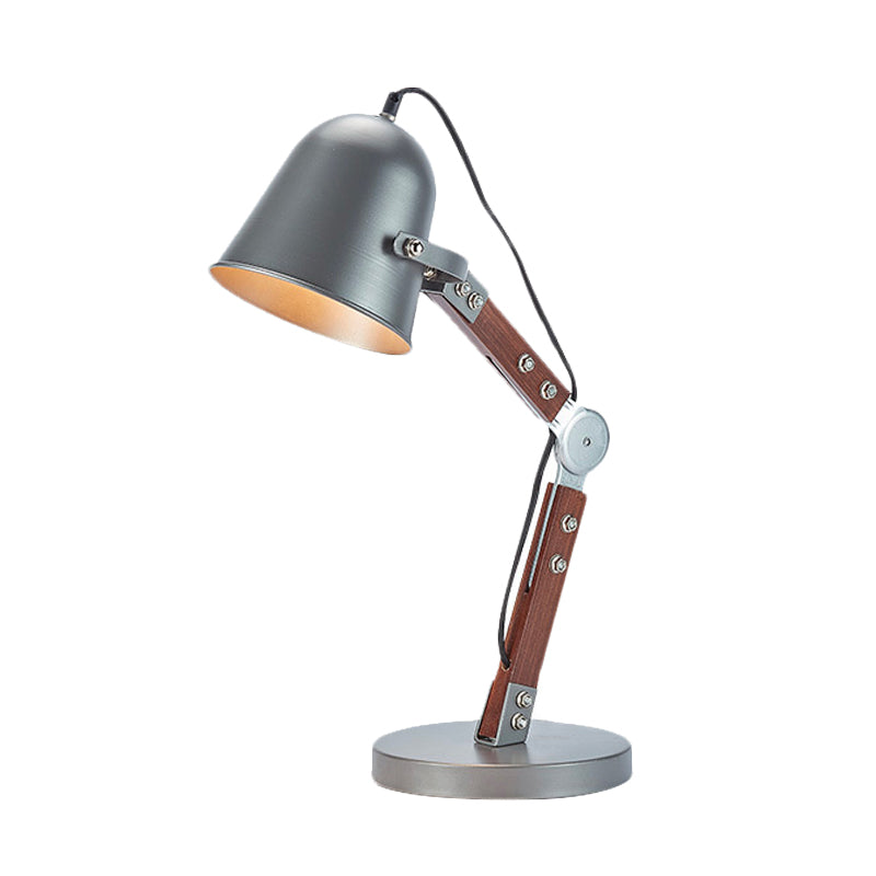 Luz de mesa de campana industrial 1 Lámpara de escritorio de enchufe metálico de bombilla en negro con brazo de madera oscilante