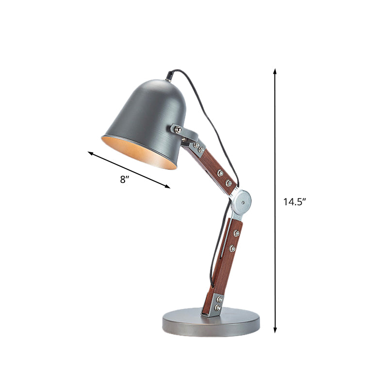 Luz de mesa de campana industrial 1 Lámpara de escritorio de enchufe metálico de bombilla en negro con brazo de madera oscilante