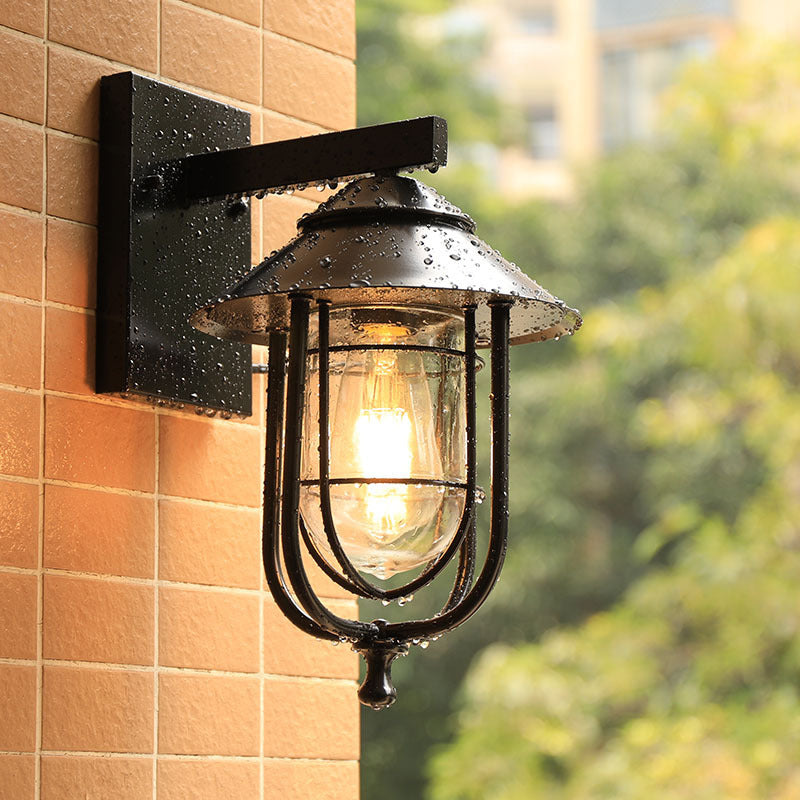 Wire Cage Outdoor Sconce Vintage Metal 1-Bulb Black Finish Wall Mounted Lamp with Clear Glass Shade