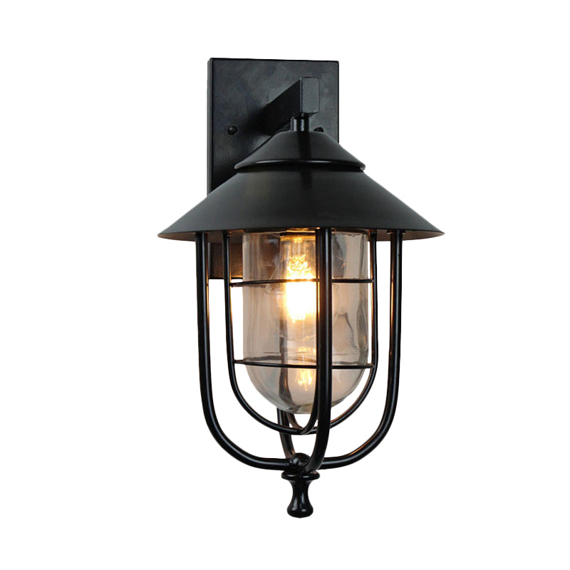 Wire Cage Outdoor Sconce Vintage Metal 1-Bulb Black Finish Wall Mounted Lamp with Clear Glass Shade