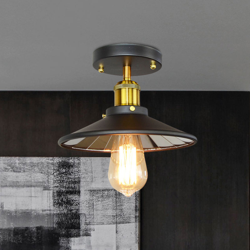Metal Wide Flare Semi Flush Lighting Industrial 1-Light Study Room Close to Ceiling Lamp in Black