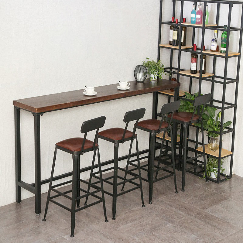 Industrial Brown Pub Table Rectangle Solid Wood Bar Height Table with Trestle Base