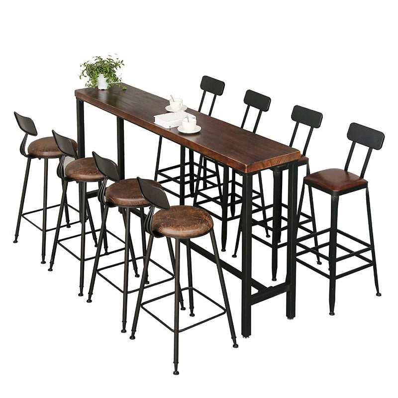 Industrial Brown Pub Table Rectangle Solid Wood Bar Height Table with Trestle Base