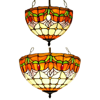Orange Bowl Pendant Light 12"/16" Width Tiffany Rustic Stained Glass Chandelier for Foyer