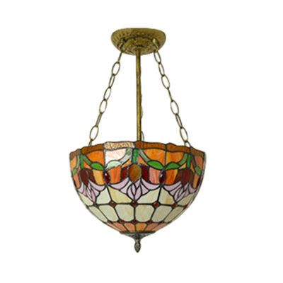 Orange Bowl Pendant Light 12"/16" Width Tiffany Rustic Stained Glass Chandelier for Foyer