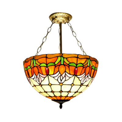 Orange Bowl Pendant Light 12"/16" Width Tiffany Rustic Stained Glass Chandelier for Foyer
