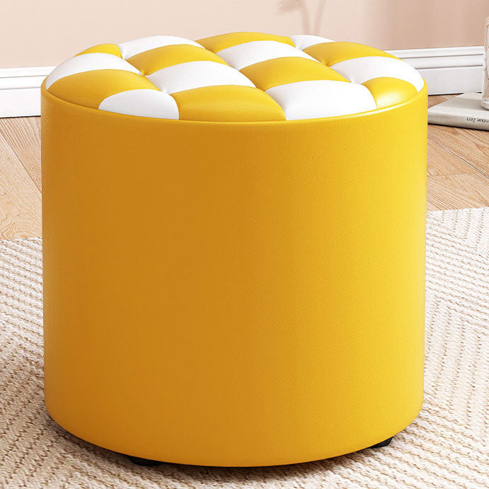 Mid-Century Modern Pouf Ottoman Faux Leather Tufted Square Pattern Round Ottoman
