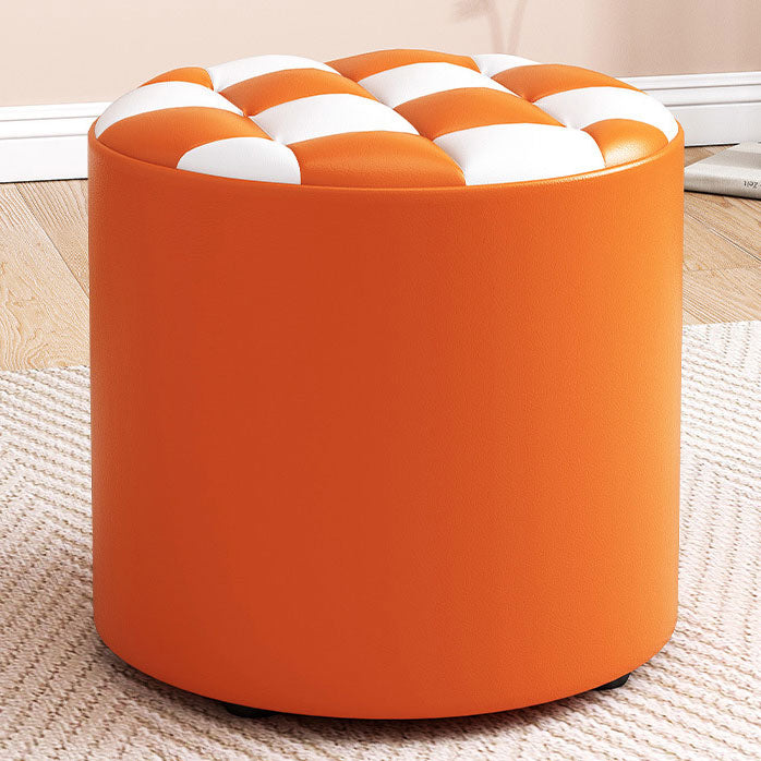 Mid-Century Modern Pouf Ottoman Faux Leather Tufted Square Pattern Round Ottoman