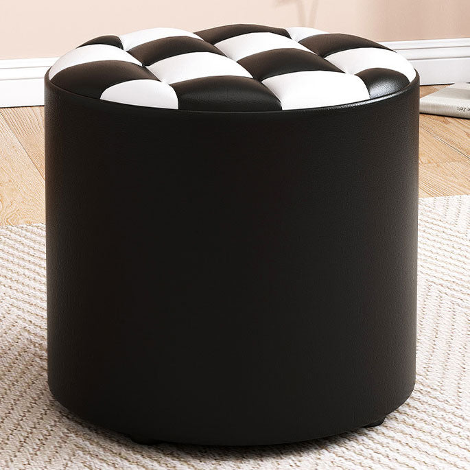 Mid-Century Modern Pouf Ottoman Faux Leather Tufted Square Pattern Round Ottoman