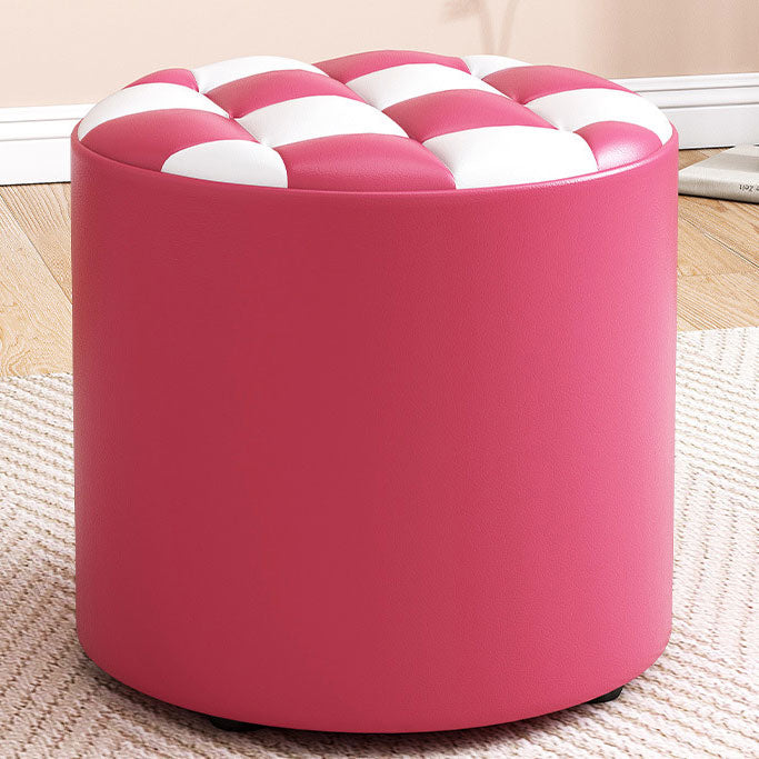 Mid-Century Modern Pouf Ottoman Faux Leather Tufted Square Pattern Round Ottoman