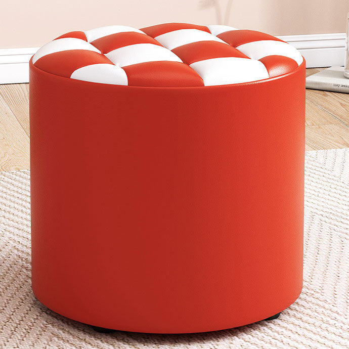 Mid-Century Modern Pouf Ottoman Faux Leather Tufted Square Pattern Round Ottoman