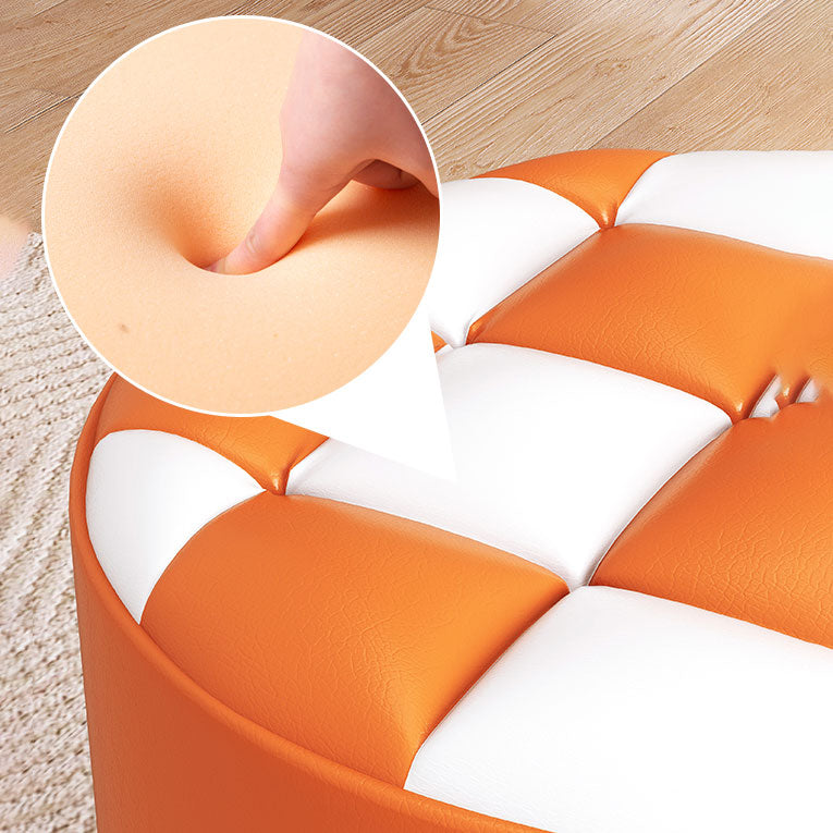 Mid-Century Modern Pouf Ottoman Faux Leather Tufted Square Pattern Round Ottoman