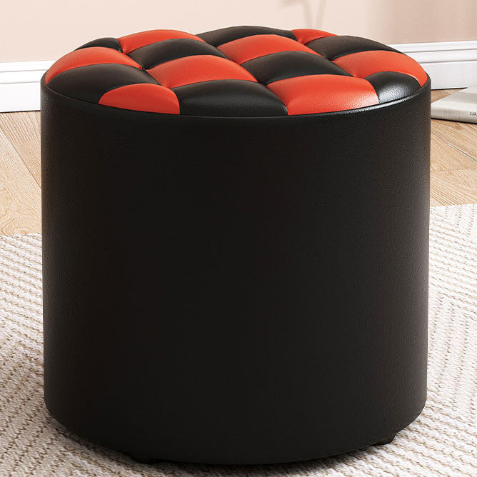 Mid-Century Modern Pouf Ottoman Faux Leather Tufted Square Pattern Round Ottoman