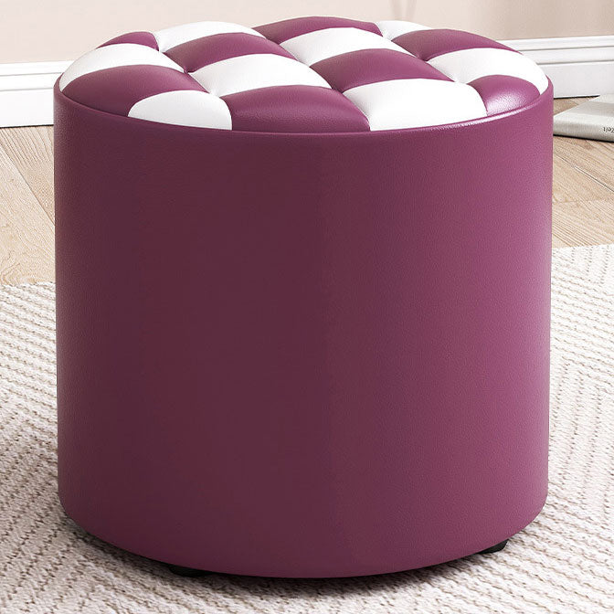 Mid-Century Modern Pouf Ottoman Faux Leather Tufted Square Pattern Round Ottoman
