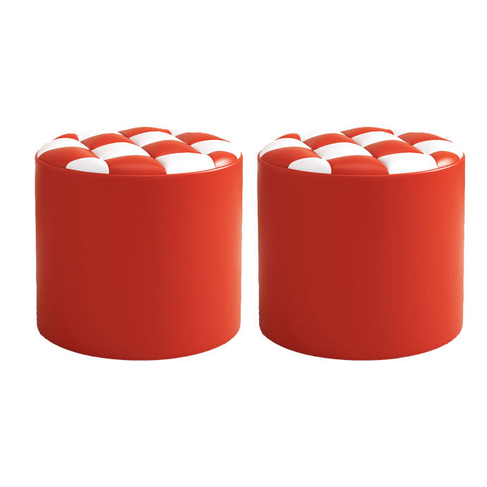 Mid-Century Modern Pouf Ottoman Faux Leather Tufted Square Pattern Round Ottoman