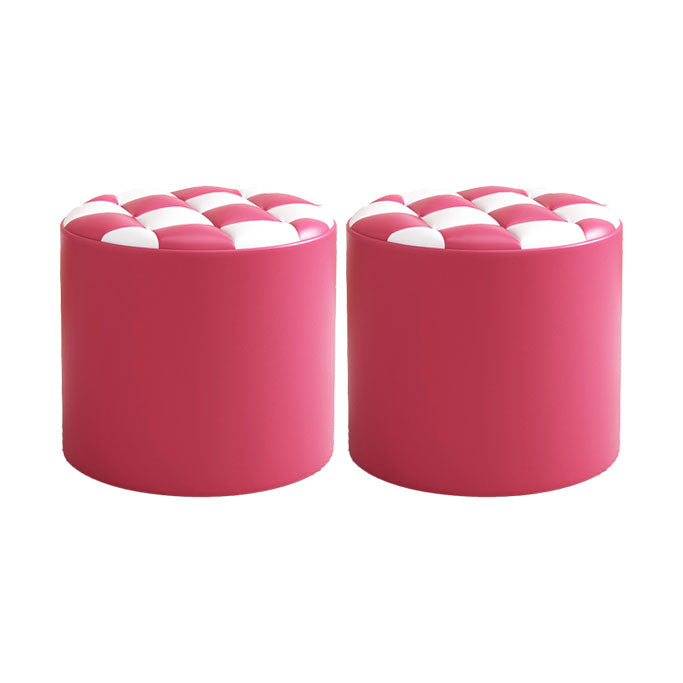 Mid-Century Modern Pouf Ottoman Faux Leather Tufted Square Pattern Round Ottoman