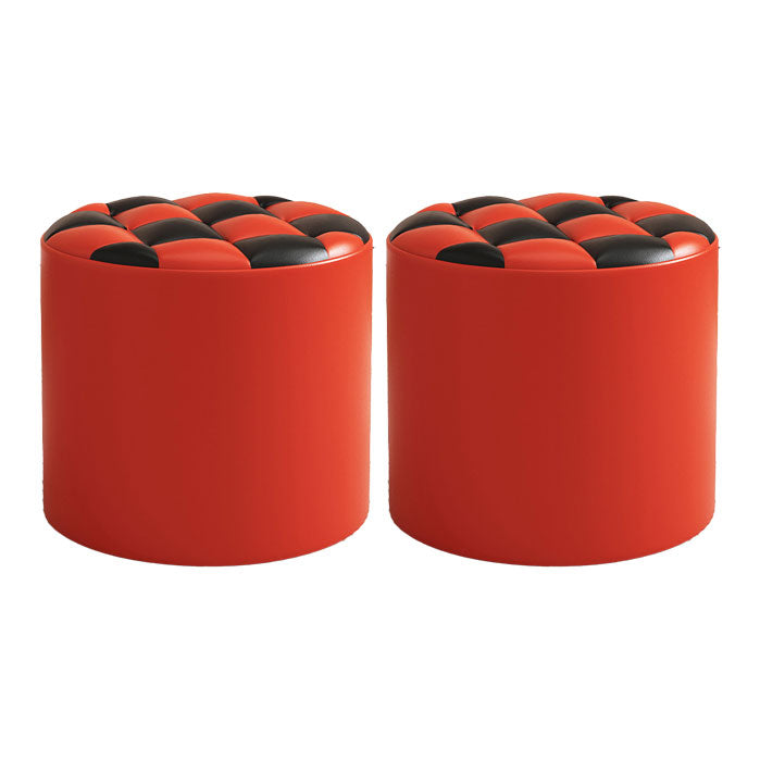 Mid-Century Modern Pouf Ottoman Faux Leather Tufted Square Pattern Round Ottoman