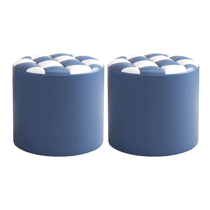 Mid-Century Modern Pouf Ottoman Faux Leather Tufted Square Pattern Round Ottoman