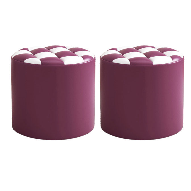 Mid-Century Modern Pouf Ottoman Faux Leather Tufted Square Pattern Round Ottoman