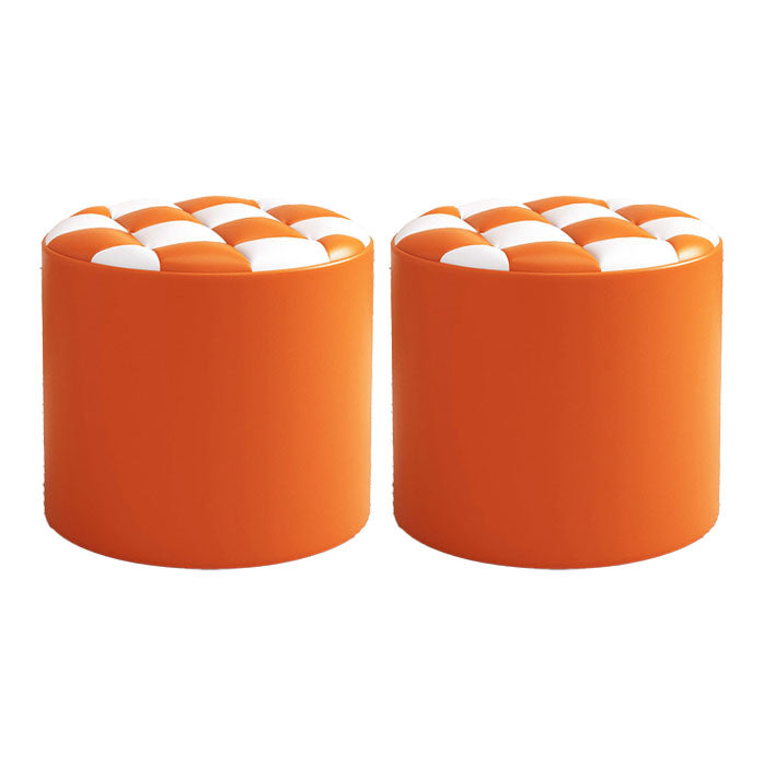 Mid-Century Modern Pouf Ottoman Faux Leather Tufted Square Pattern Round Ottoman