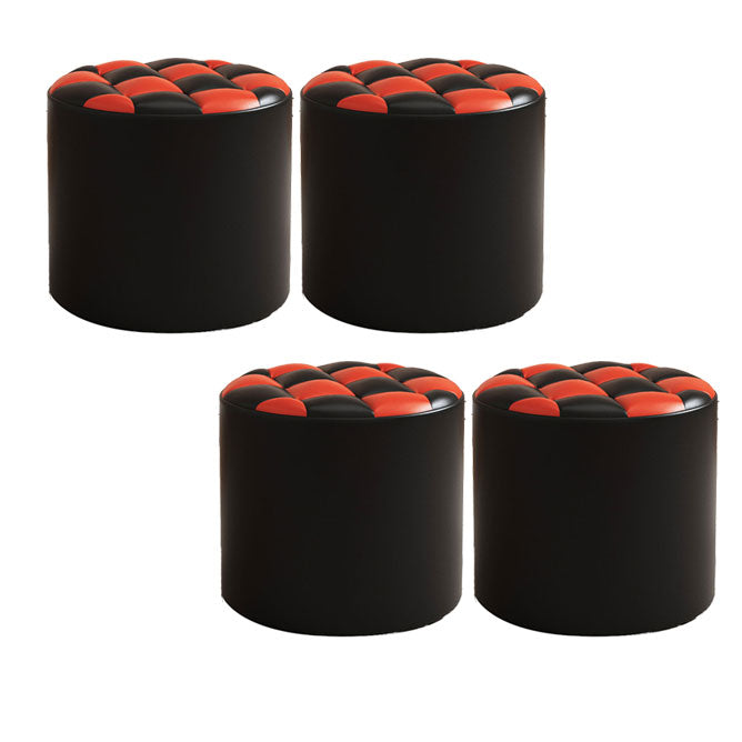 Mid-Century Modern Pouf Ottoman Faux Leather Tufted Square Pattern Round Ottoman