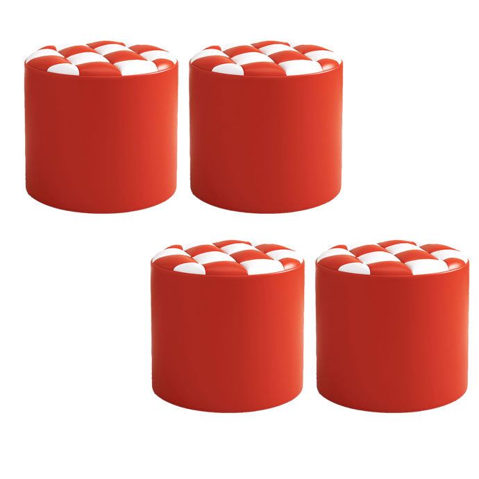 Mid-Century Modern Pouf Ottoman Faux Leather Tufted Square Pattern Round Ottoman