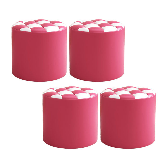 Mid-Century Modern Pouf Ottoman Faux Leather Tufted Square Pattern Round Ottoman