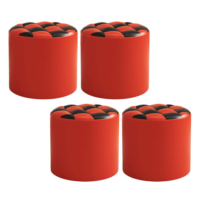 Mid-Century Modern Pouf Ottoman Faux Leather Tufted Square Pattern Round Ottoman