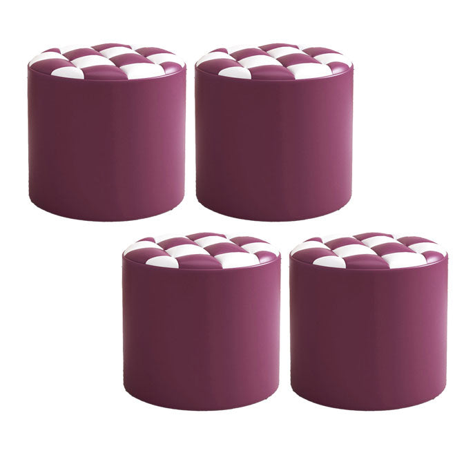 Mid-Century Modern Pouf Ottoman Faux Leather Tufted Square Pattern Round Ottoman