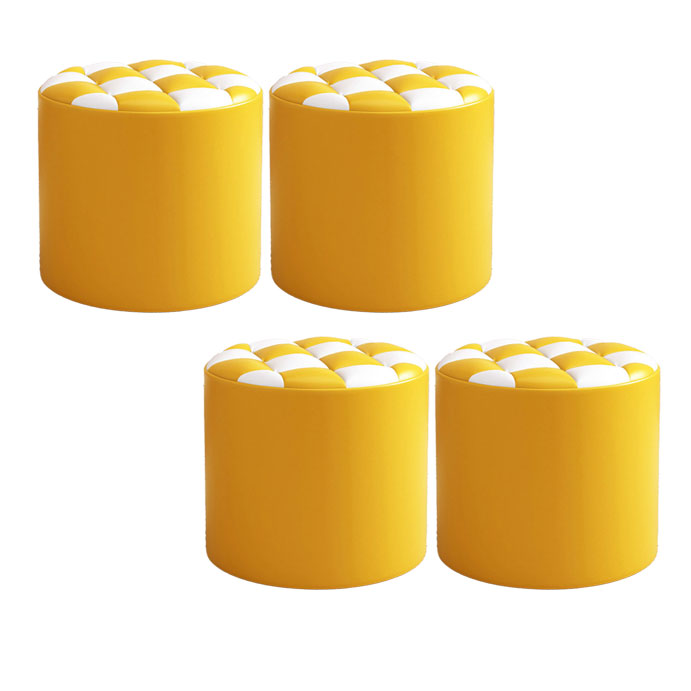 Mid-Century Modern Pouf Ottoman Faux Leather Tufted Square Pattern Round Ottoman