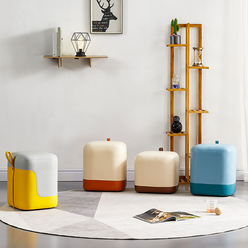 Modern Square Pouf Fade Resistant Contrast Color Faux Leather Pouf Ottoman