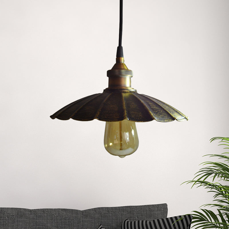 1-Light Pendant Light Fixture Rustic Scalloped Metallic Hanging Lamp in Bronze, 10"/14"/16.5" Width