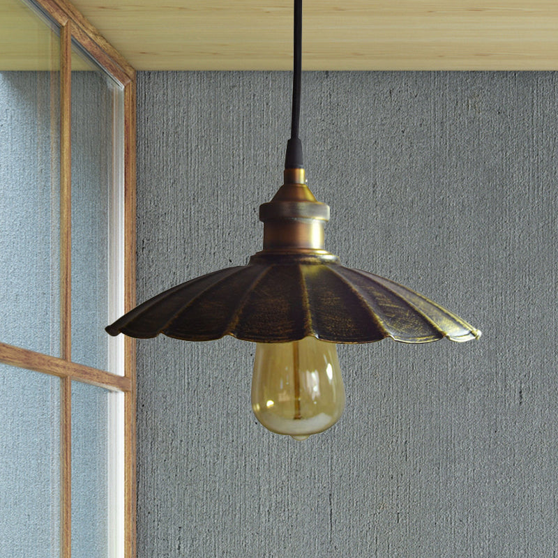 1-Light Pendant Light Fixture Rustic Scalloped Metallic Hanging Lamp in Bronze, 10"/14"/16.5" Width