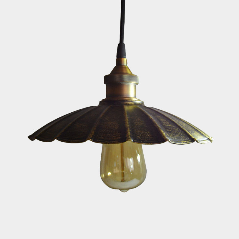 1-Light Pendant Light Fixture Rustic Scalloped Metallic Hanging Lamp in Bronze, 10"/14"/16.5" Width