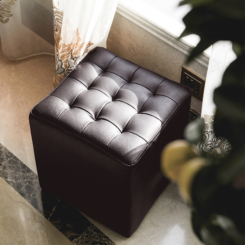 Modern Plain Ottoman Water Resistant Genuine Leather Tufted Pouf Ottoman