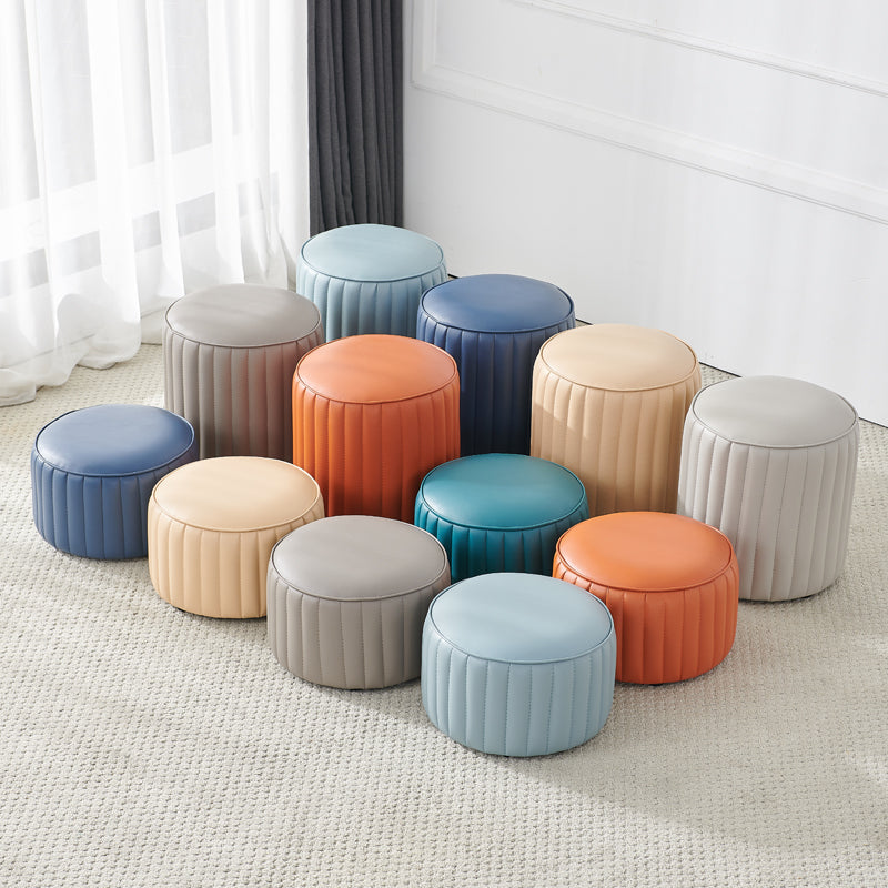 Modern Orange Pouf Water Resistant Round Pure Color Leather Pouf