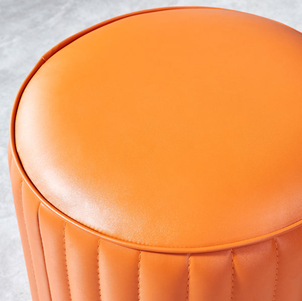 Modern Orange Pouf Water Resistant Round Pure Color Leather Pouf