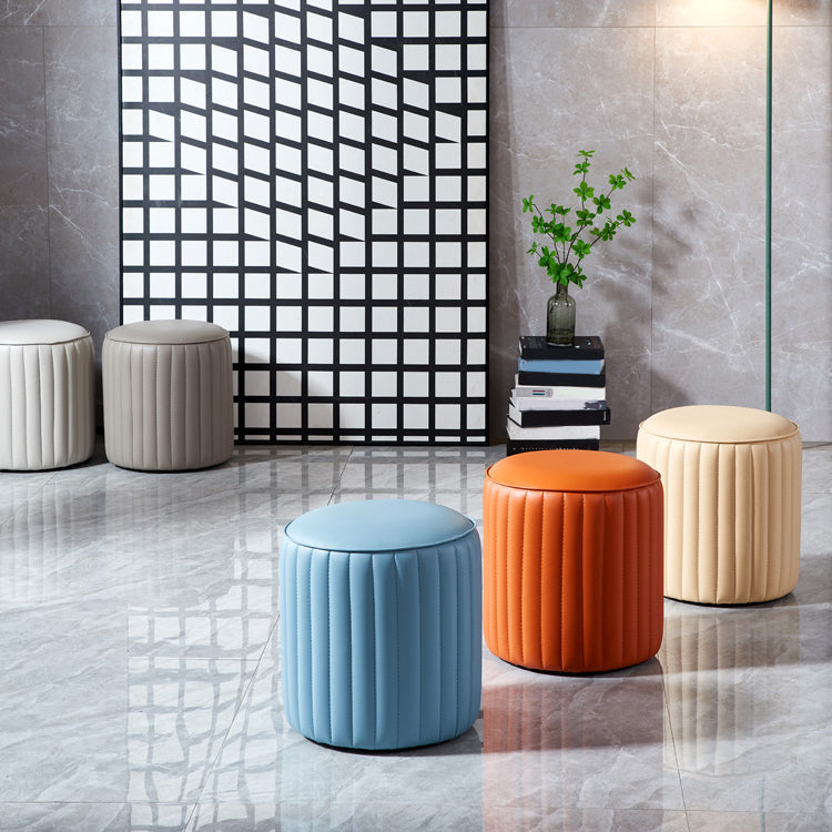 Modern Orange Pouf Water Resistant Round Pure Color Leather Pouf