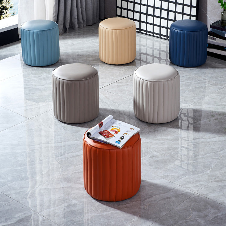 Modern Orange Pouf Water Resistant Round Pure Color Leather Pouf