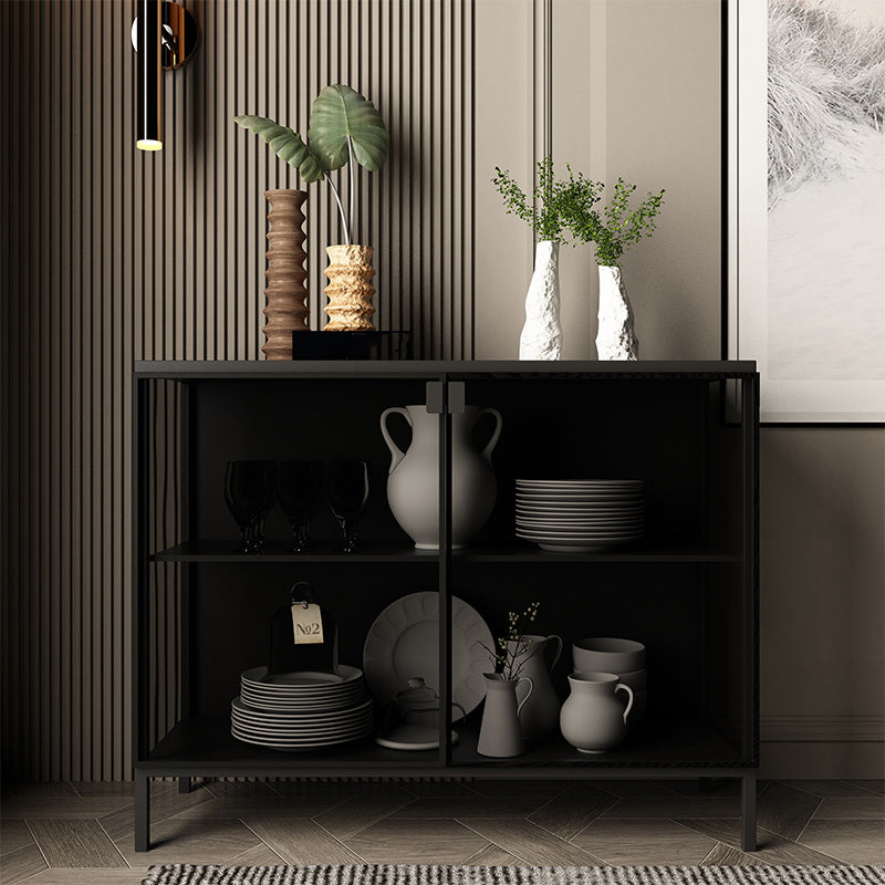 Contemporary Black Dining Server Glass Doors Dining Server with Metallic Finish