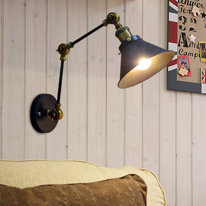 1 Light Wall Light Sconce Antiqued Bedside Swing Arm Wall Mount with Conical Metal Shade in Black