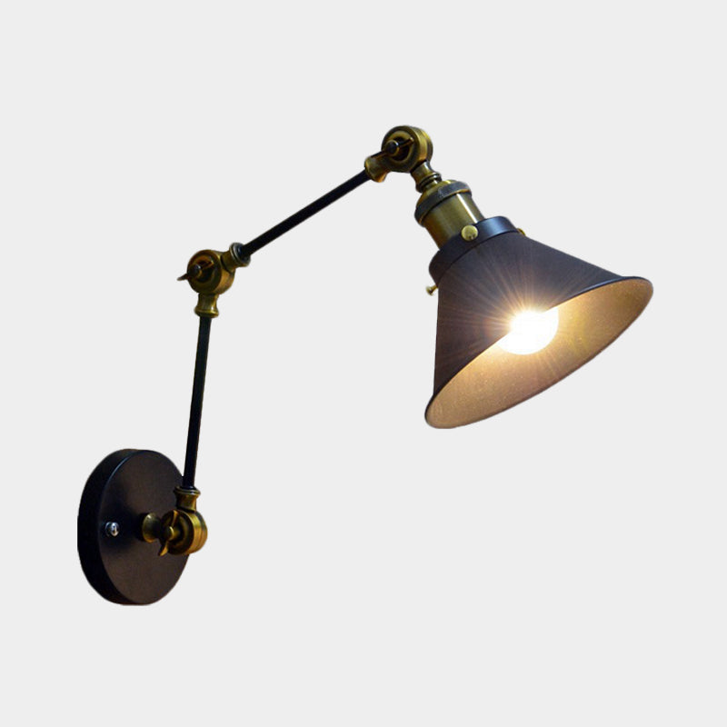 1 Light Wall Light Sconce Antiqued Bedside Swing Arm Wall Mount with Conical Metal Shade in Black