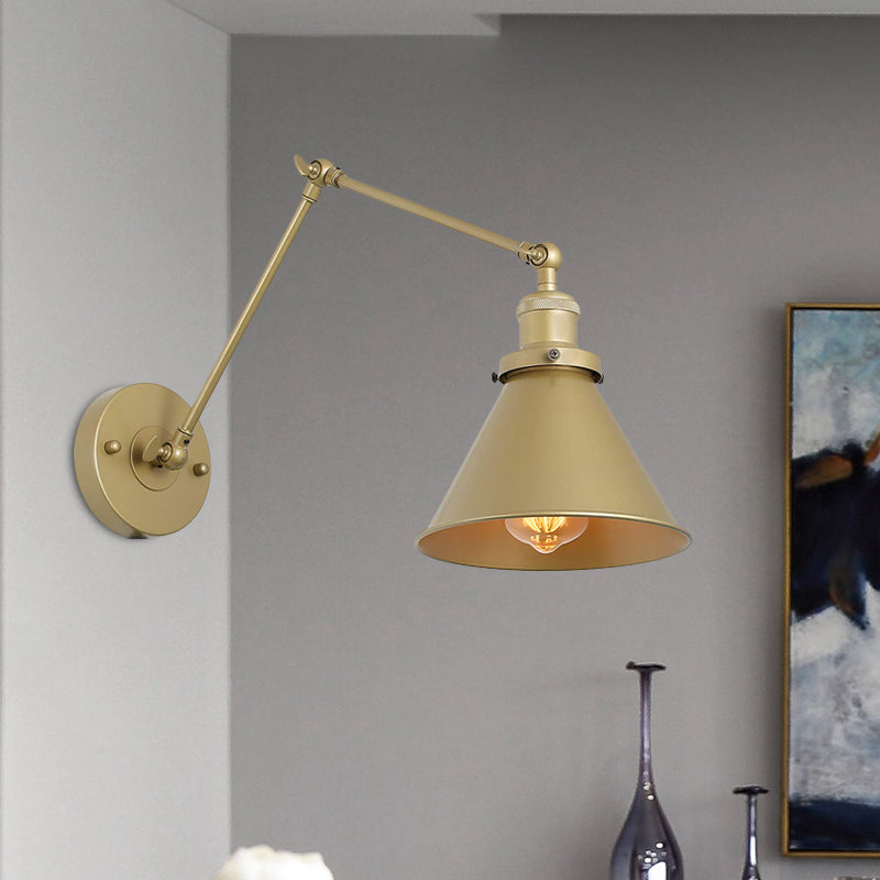 Iron Gold Finish Sconce Lamp Swing Arm 1-Head Industrial Plug-In Wall Mounted Light with Swing Arm