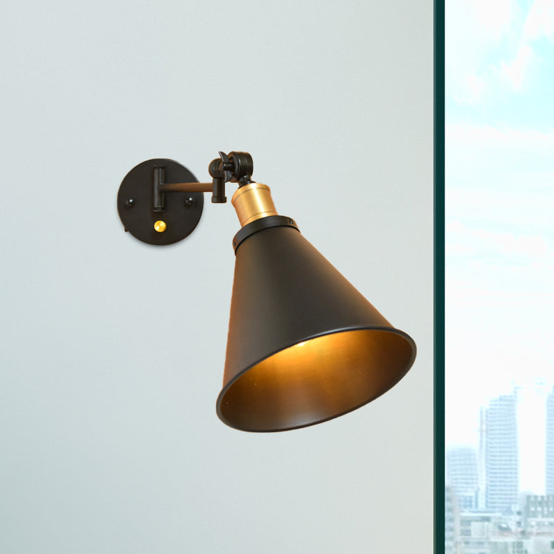 Black/White 1 Head Wall Light Sconce Vintage Iron Conical Swing Arm Wall Mounted Lamp for Study Room