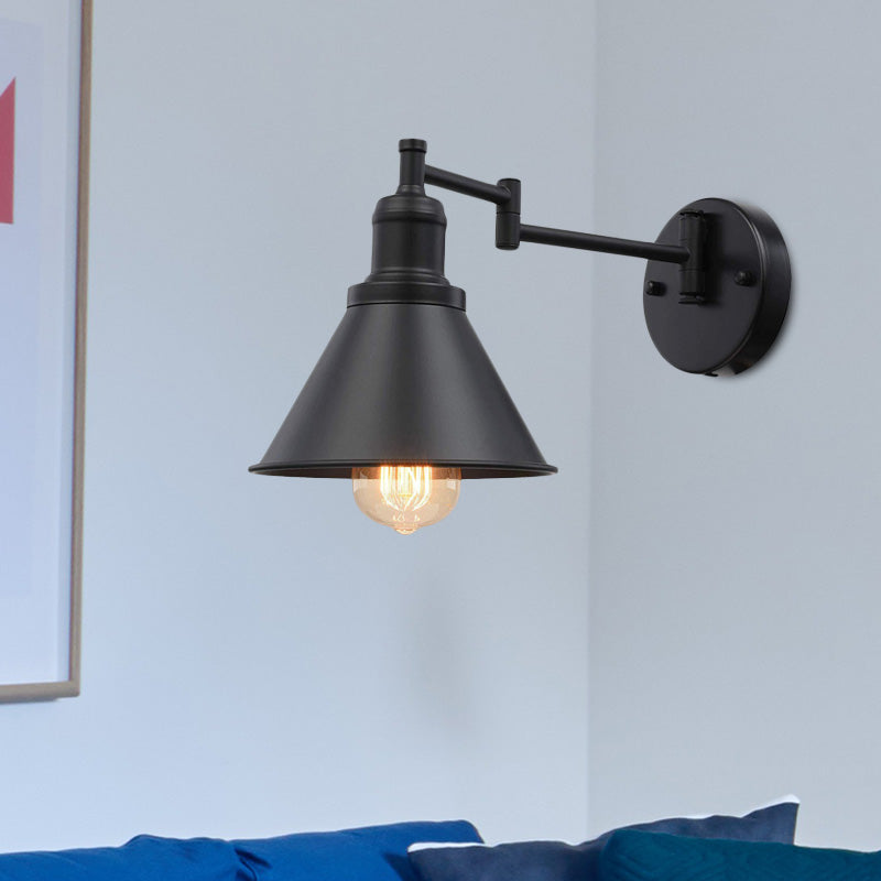 Swing Arm Iron Sconce Lighting Vintage 1 Bulb Coffee Shop Wall Lamp in Black with Conical Shade